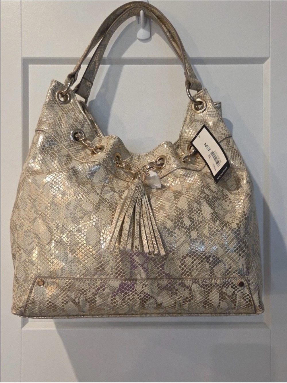 Nine West Metallic Gold Snake-Print Shoulder Bag with Tassel